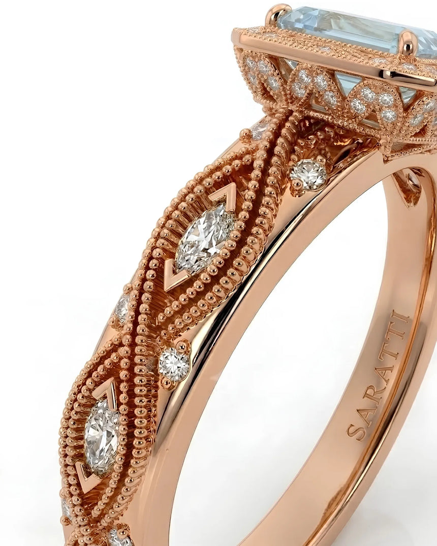 VIRELIA emerald cut Aquamarine vintage milgrain diamond ring setting in Rose Gold, upper shank detail | SARATTI