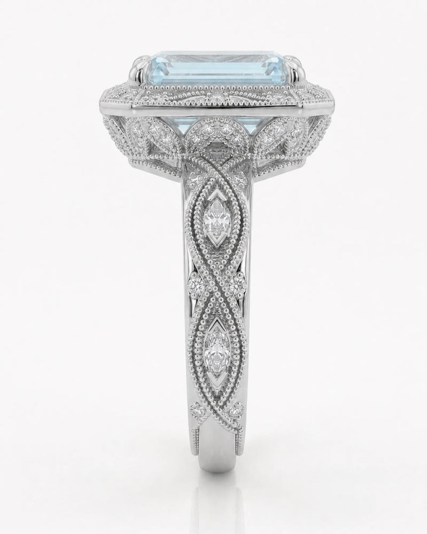 VIRELIA emerald cut Aquamarine vintage milgrain diamond ring setting in White Gold, side profile | SARATTI