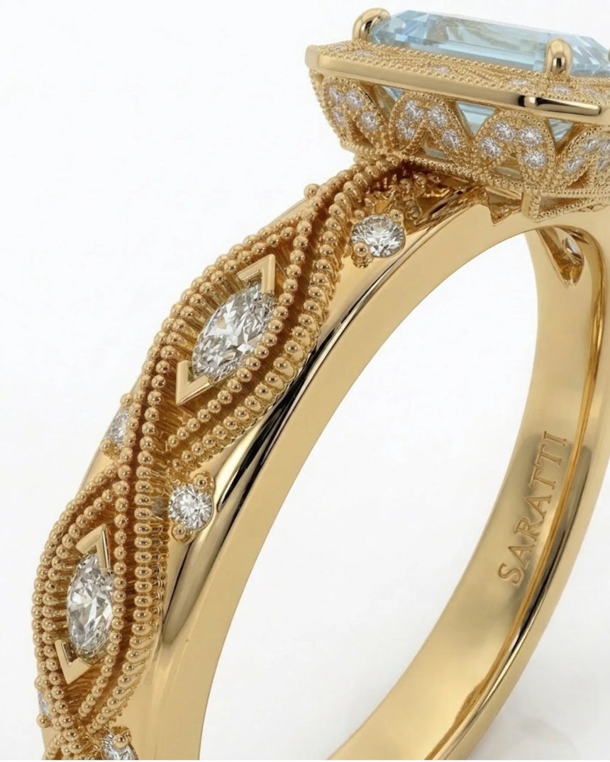 VIRELIA emerald cut Aquamarine vintage milgrain diamond ring setting in Yellow Gold, upper shank detail | SARATTI