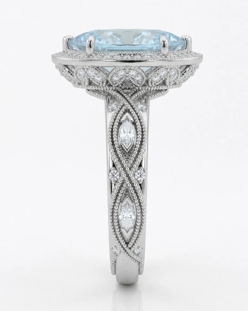 VIRELIA Marquise Aquamarine Vintage Milgrain Diamond Ring Setting in White Gold, front view | SARATTI