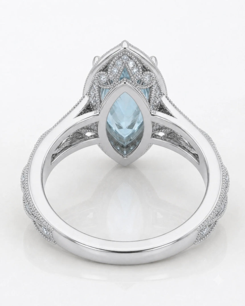 VIRELIA Marquise Aquamarine Vintage Milgrain Diamond Ring Setting in White Gold, shoulder detail | SARATTI