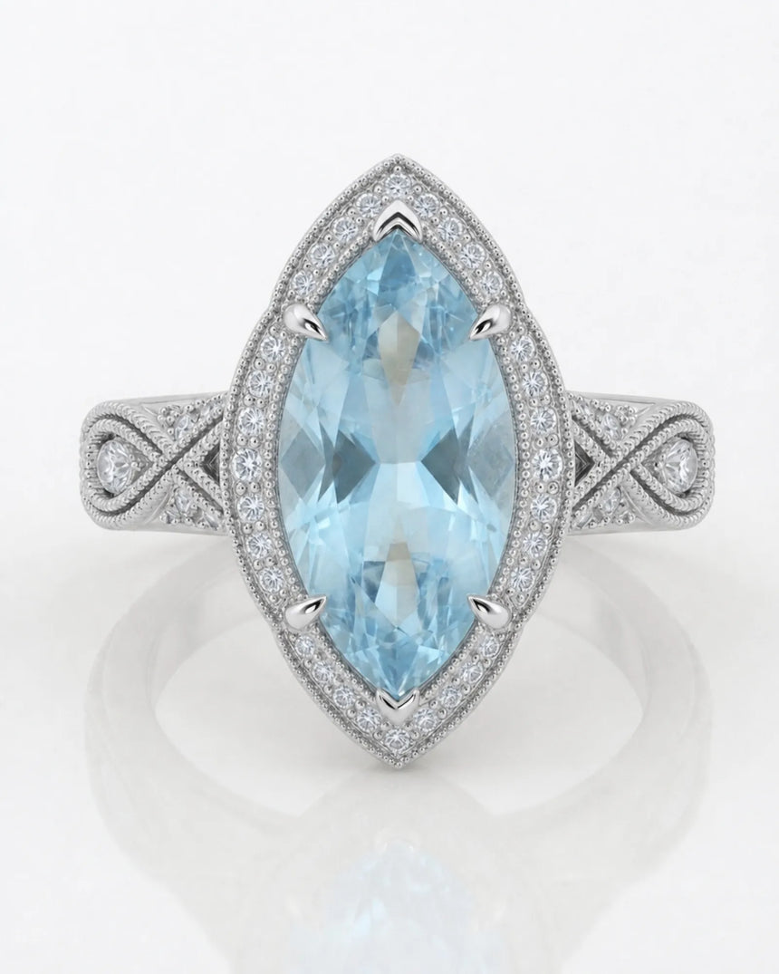VIRELIA Marquise Aquamarine Vintage Milgrain Diamond Ring Setting in White Gold, side profile | SARATTI