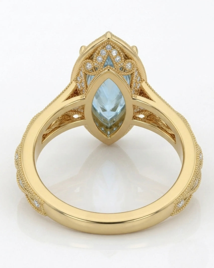 VIRELIA Marquise Aquamarine Vintage Milgrain Diamond Ring Setting in Yellow Gold, rear gallery view | SARATTI
