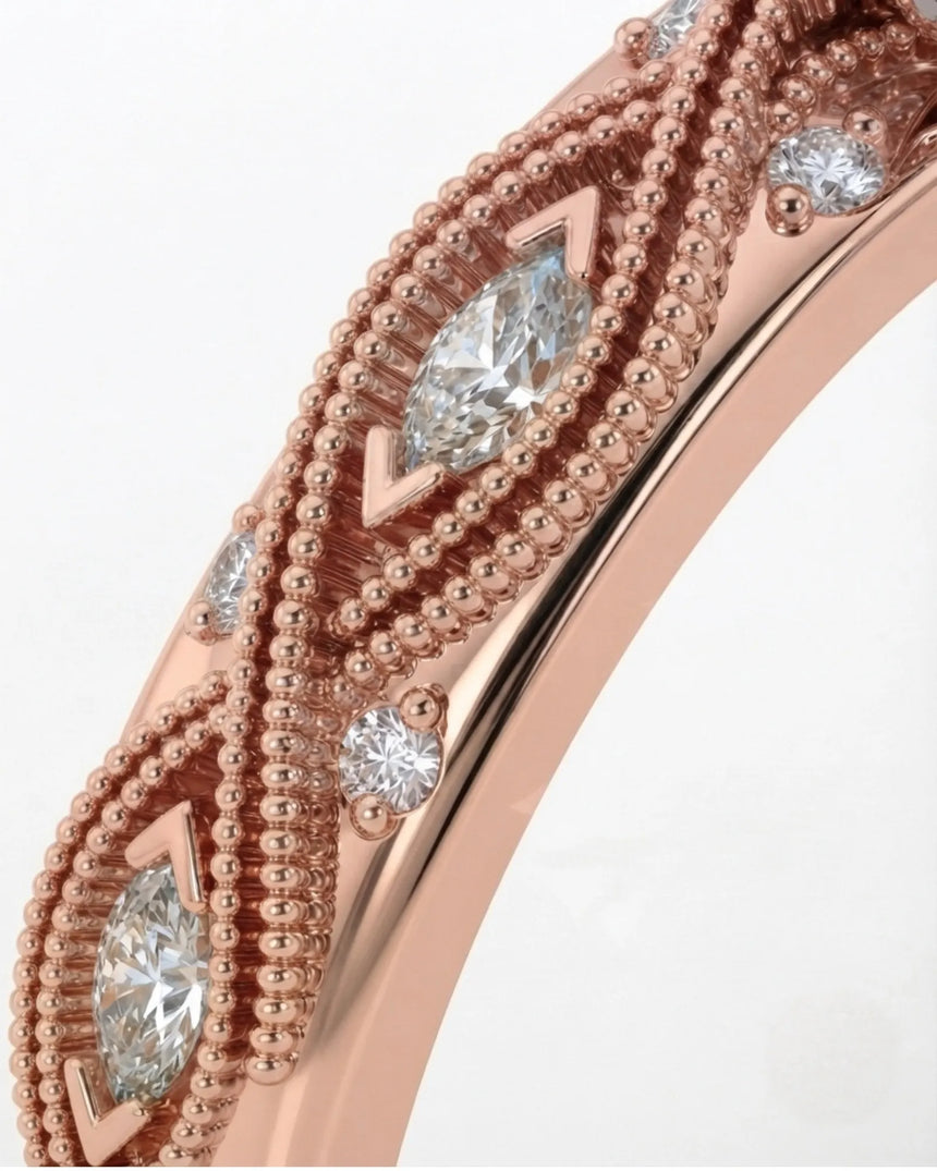 VIRELIA Oval Aquamarine Vintage Milgrain Diamond Ring Setting in Rose Gold, side profile | SARATTI