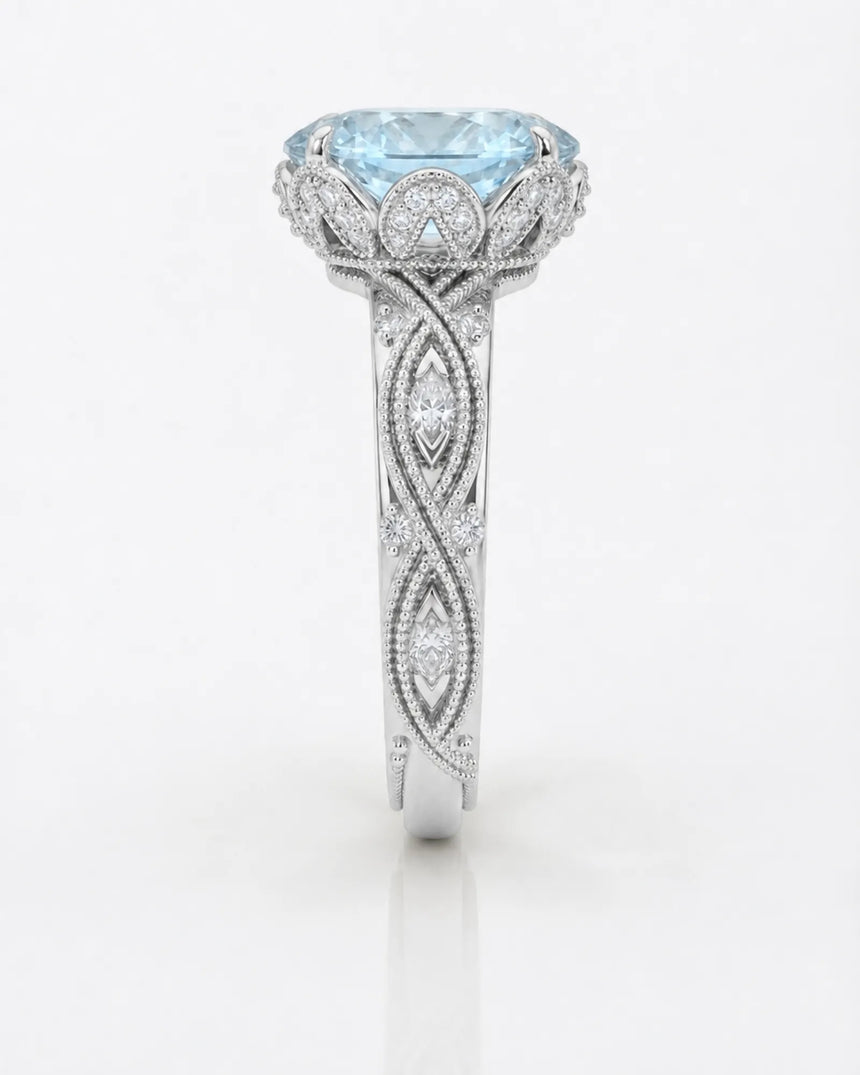 VIRELIA Oval Aquamarine Vintage Milgrain Diamond Ring Setting in White Gold, front view | SARATTI
