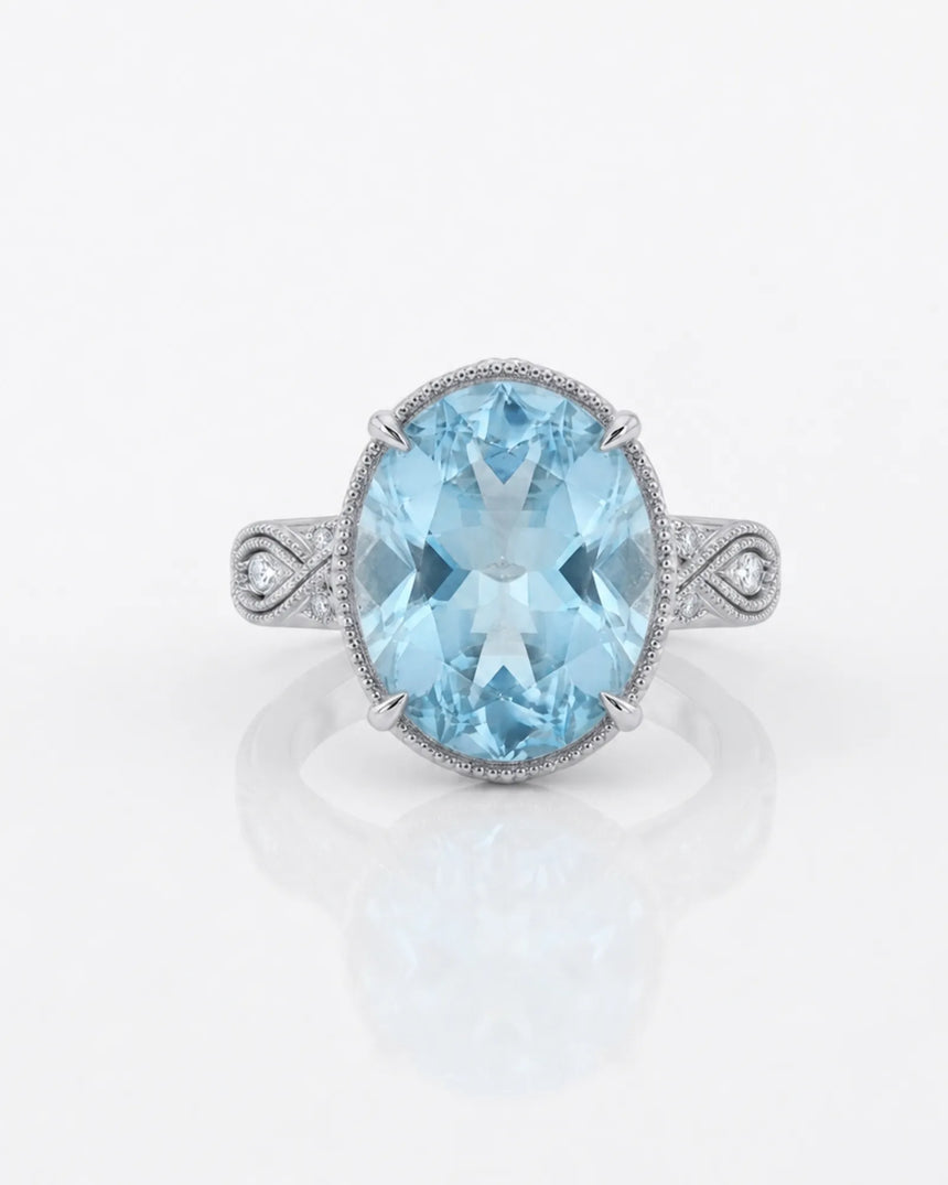 VIRELIA Oval Aquamarine Vintage Milgrain Diamond Ring Setting in White Gold, shoulder detail | SARATTI