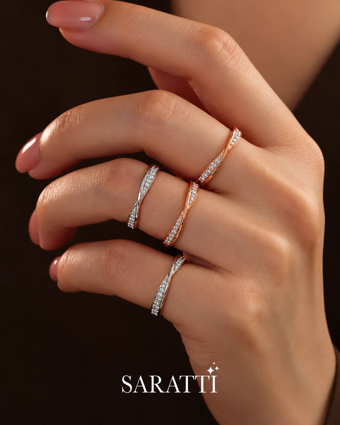 Twisted Shank Natural Diamond Eternity Wedding Band in White Gold and Rose Gold on model | SARATTI
