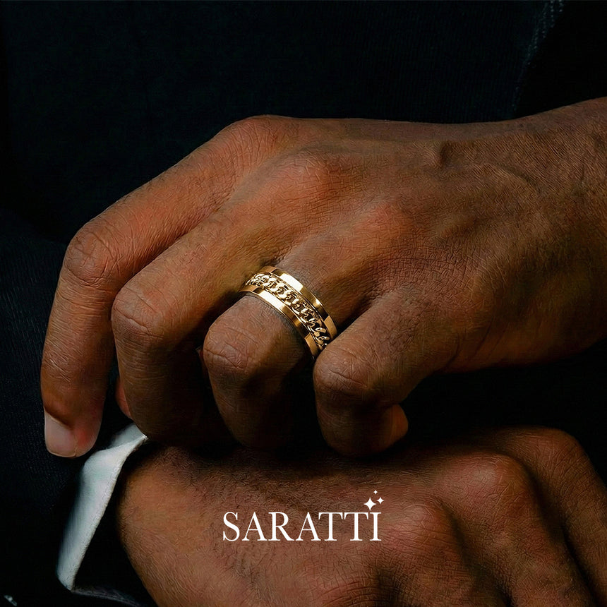 yellow gold cuban chain ring wide band | SARATTI