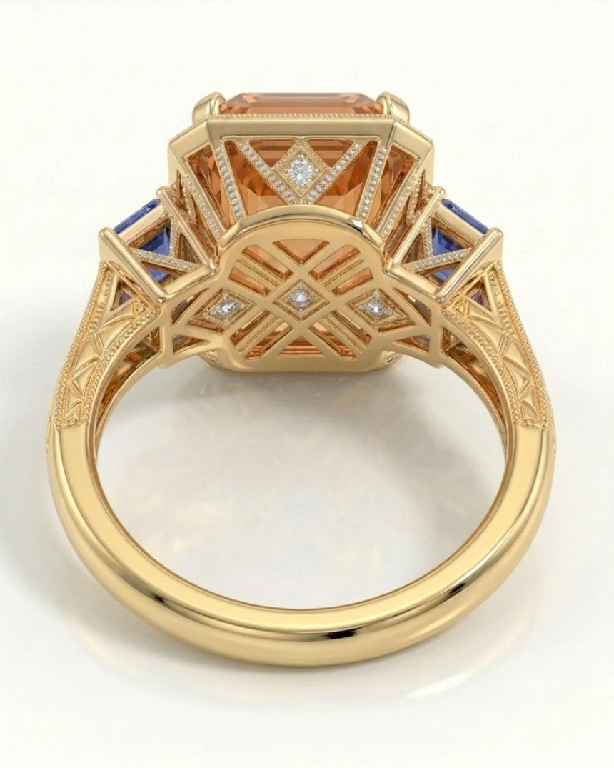 yellow gold emerald cut Topaz setting with sapphire Art Deco shoulders | SARATTI