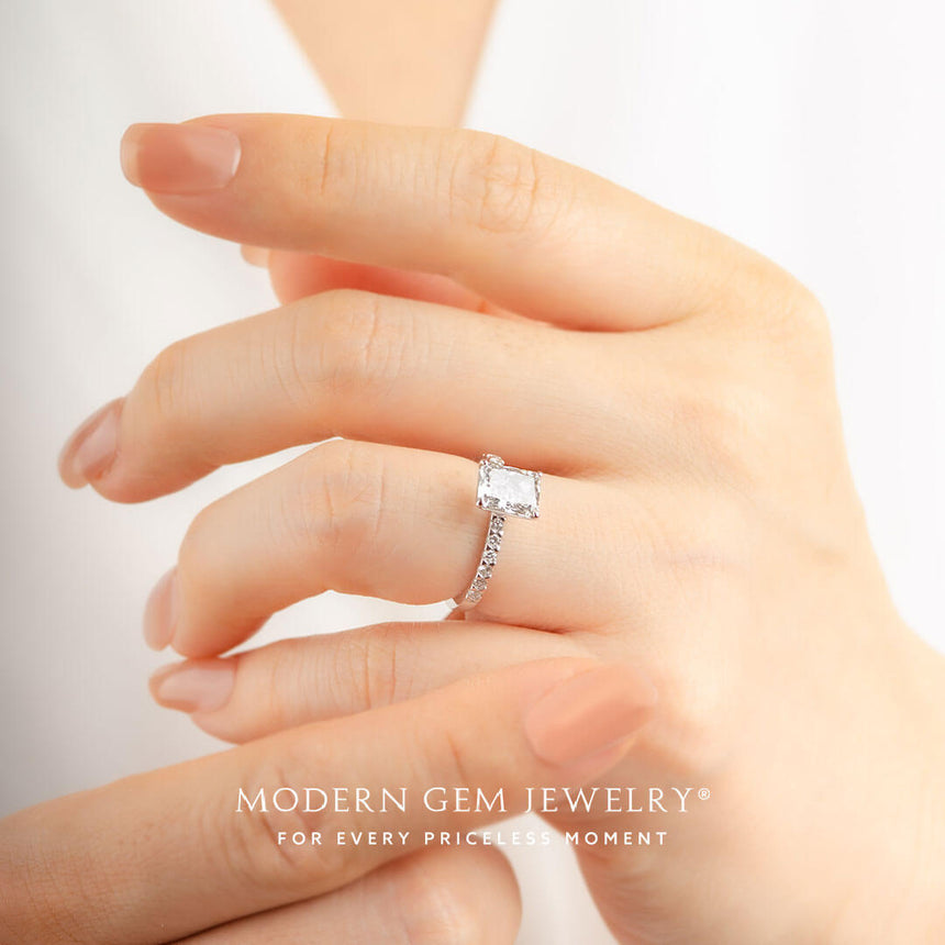 Model wears 2 ct Natural Radiant Cut Diamond Engagement Ring