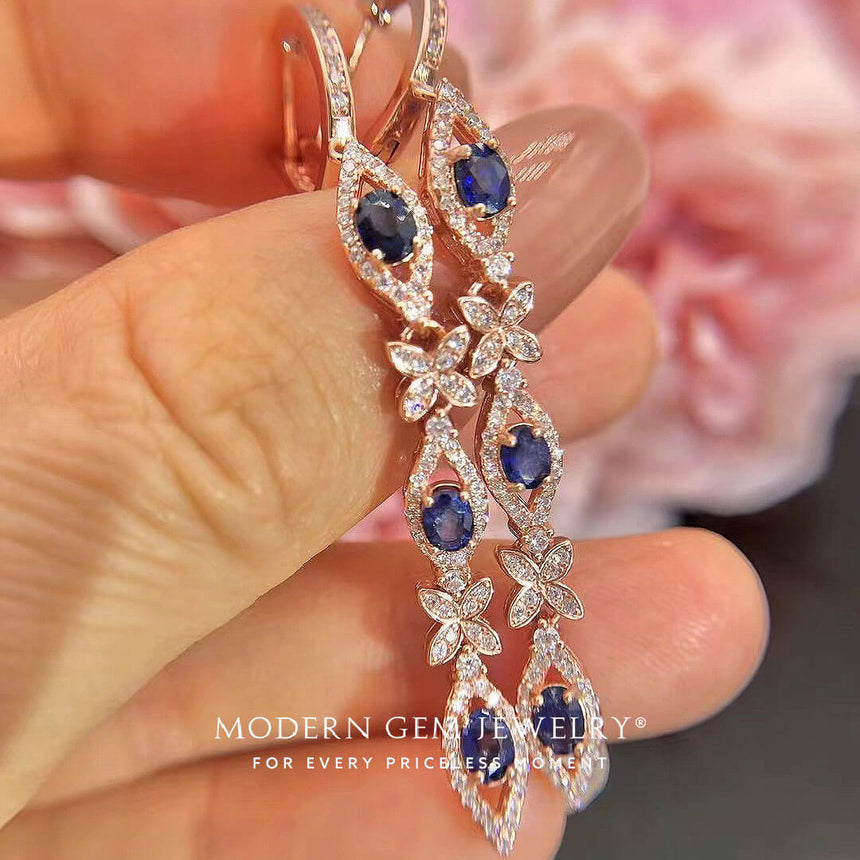 clover and eye motif natural sapphire and diamond pave drop earrings