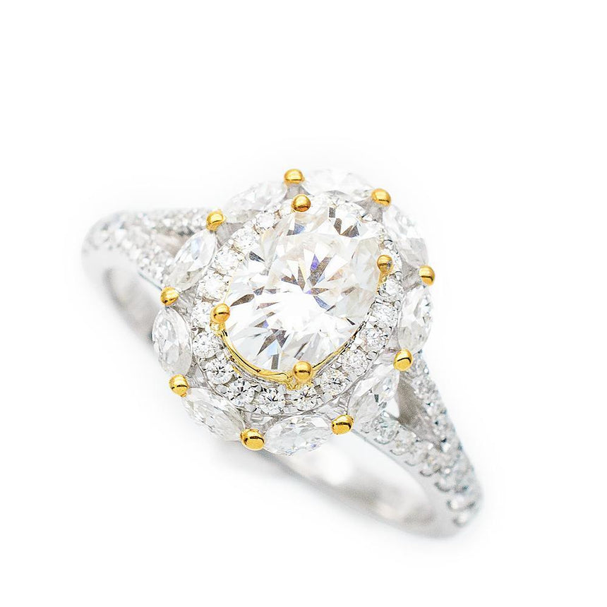 Diamond Pave Oval Diamond Engagement Ring in White and Yellow Gold