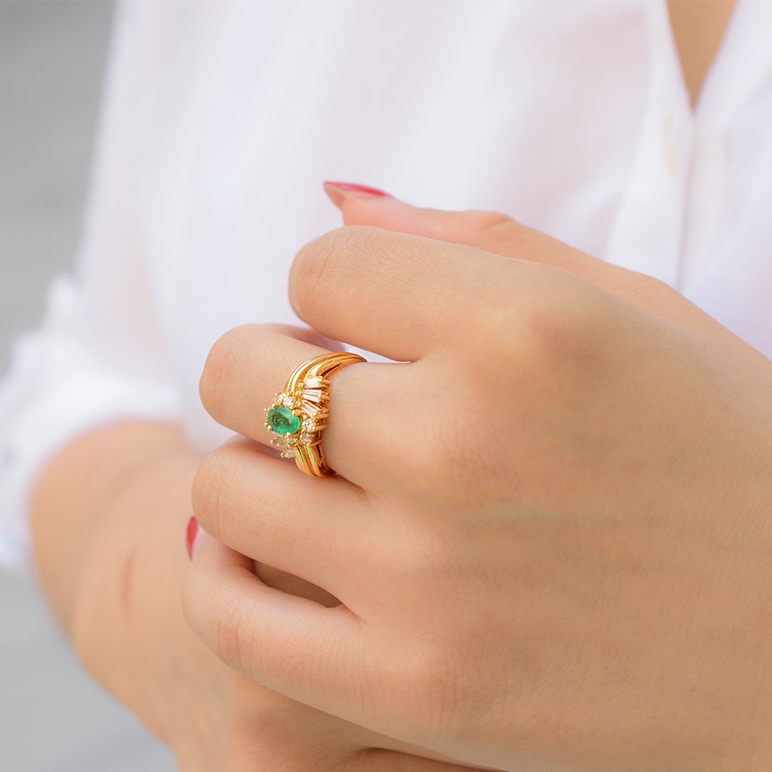 Yellow Gold Natural Emerald and Diamond Ring