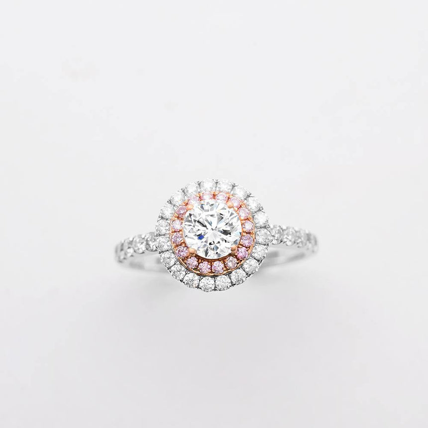 Elegant Chelsea Round Diamond Double Halo Pink Diamonds Ring | Modern Gem Jewelry | Saratti