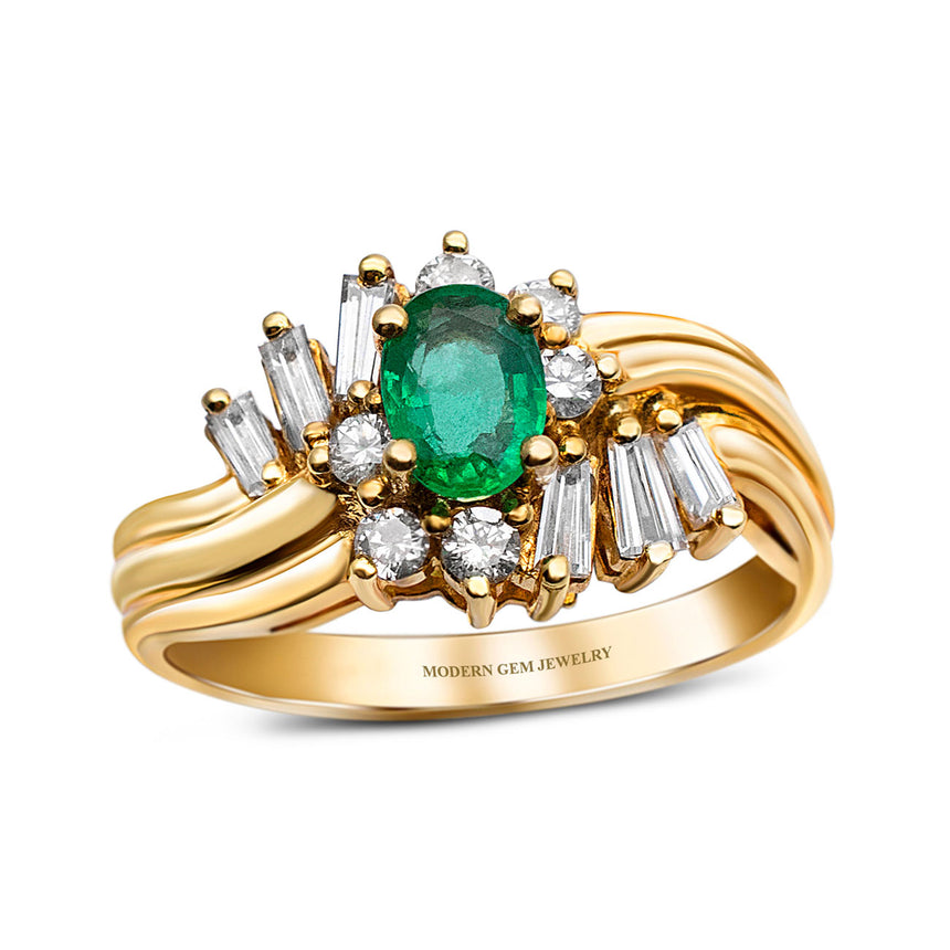 Avant Garde Design Natural Emerald and Diamond Ring