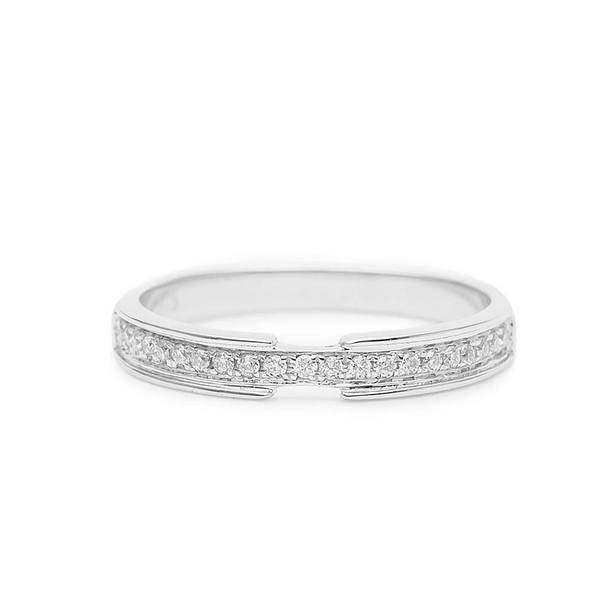 Thin Wedding Band with Diamonds Set in 18K White Gold on White Background | Modern Gem Jewelry | Saratti