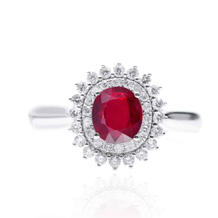 Ruby Ring For Women | Oval Ruby and Diamonds 18K White Gold Ring | Modern Gem Jewelry | Saratti