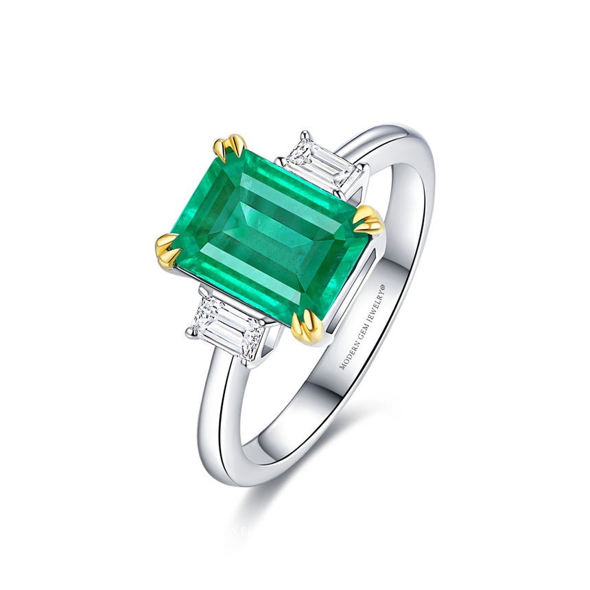 18K Natural Emerald and Diamond Three Stone Ring