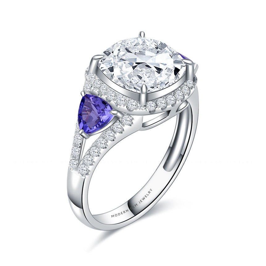 Cushion Cut Moissanite and Natural Tanzanite Three Stone Ring