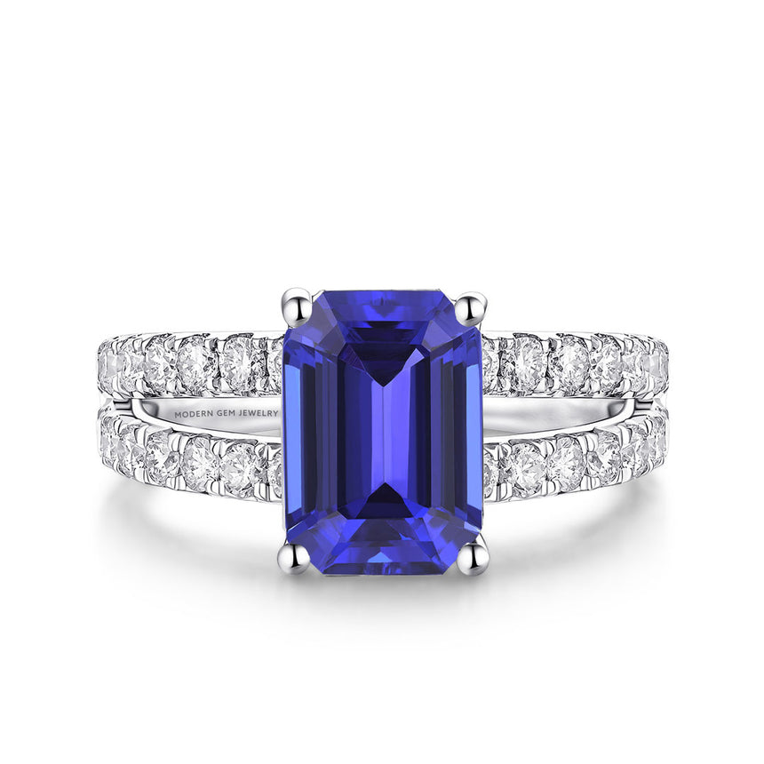 Natural Emerald Cut Tanzanite and Diamond Ring