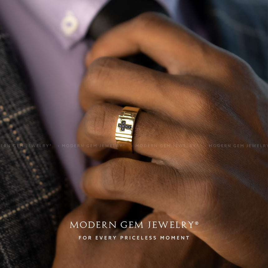 Yellow Golden Black Diamond Cross Ring in Yellow Gold | Saratti