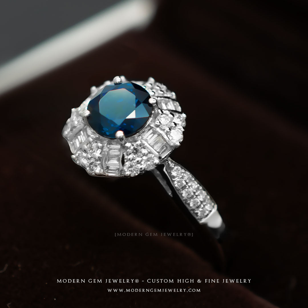 Sublime Antique Inspired Royal Blue Sapphire White Gold Ring | Modern Gem Jewelry | Saratti