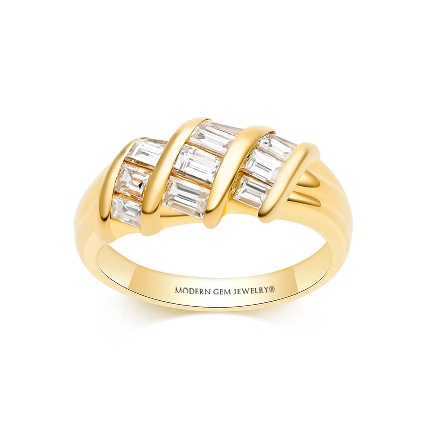 Upright Engraved Baguette Eternity Band in Yellow Gold on White Background  | Custom Made Half Eternity Band | Modern Gem Jewelry | Saratti