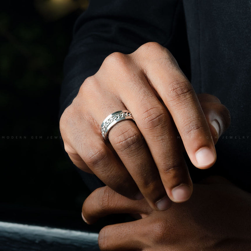 Model wears the El Cubano Cuban Link Ring and White Gold For Men | Custom Made Wedding Bands | Modern Gem Jewelry | Saratti