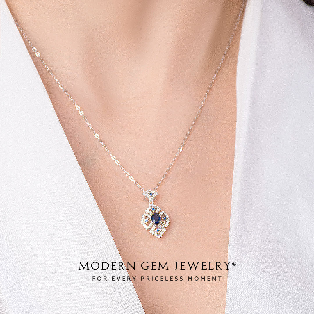 Elegant Sapphire Necklace made with 0.8 carats Natural Sapphire and Diamonds Pendant on a 18K Gold Cable Chain | Modern Gem Jewelry