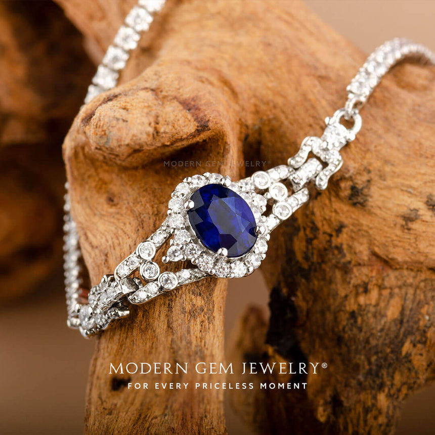 Sapphire and Diamond Bracelet in 18K Sterling Silver| Blue Elegance | Modern Gem Jewelry | Saratti