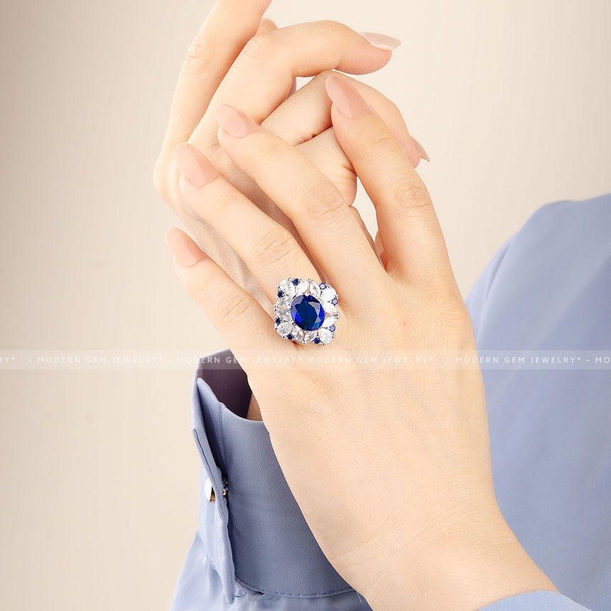 Natural Diamond and Natural Sapphire Halo 18K White Gold Ring