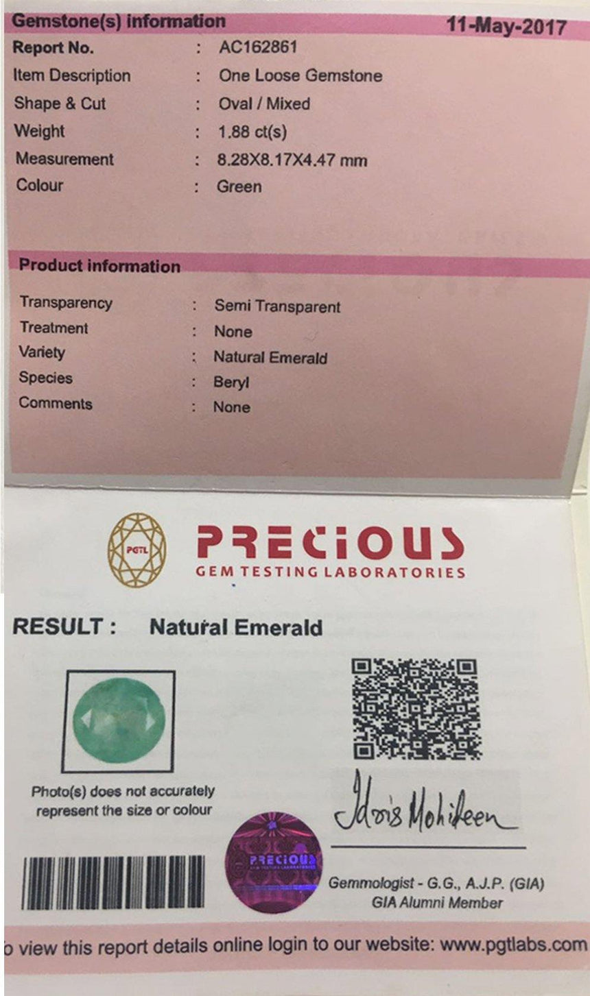 Emerald Gemstone | Oval/Mixed Green | 1.88 Carats minor-Oil | Custom Jewelry | Modern Gem Jewelry