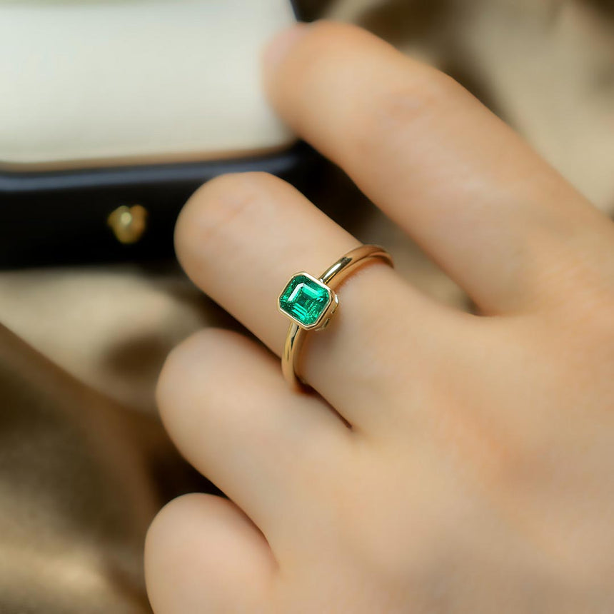 Dainty Solitaire Natural Emerald Ring in 18K Yellow Gold