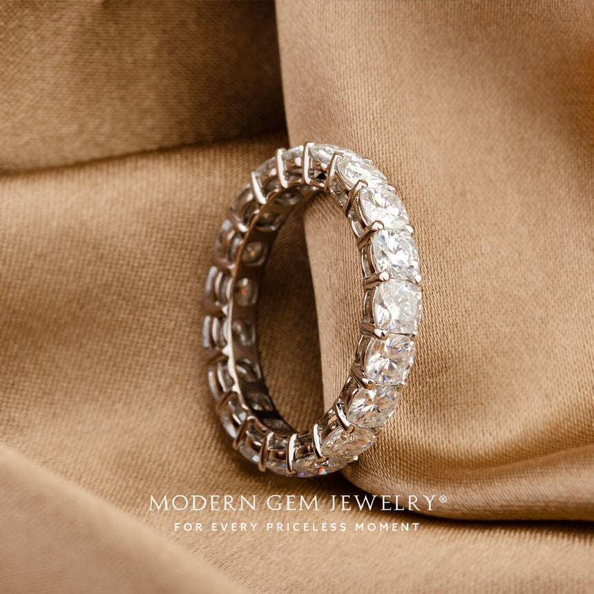 in 18K White Gold Eternity Band on Brown Silk | Modern Gem Jewelry | Saratti