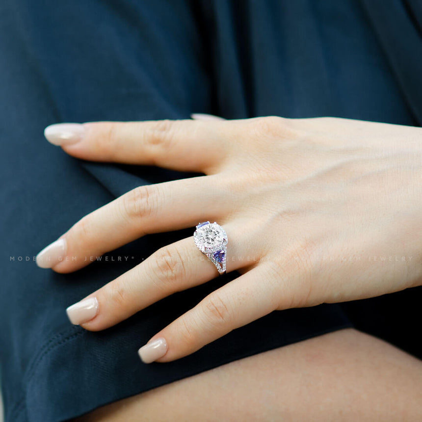 18K White Gold Split Shank Three Stone Moissanite Ring