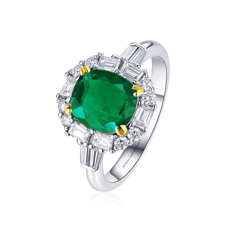 18K Yellow Gold Ring with Emerald Cut Diamond Halo & Natural Emerald Center Stone