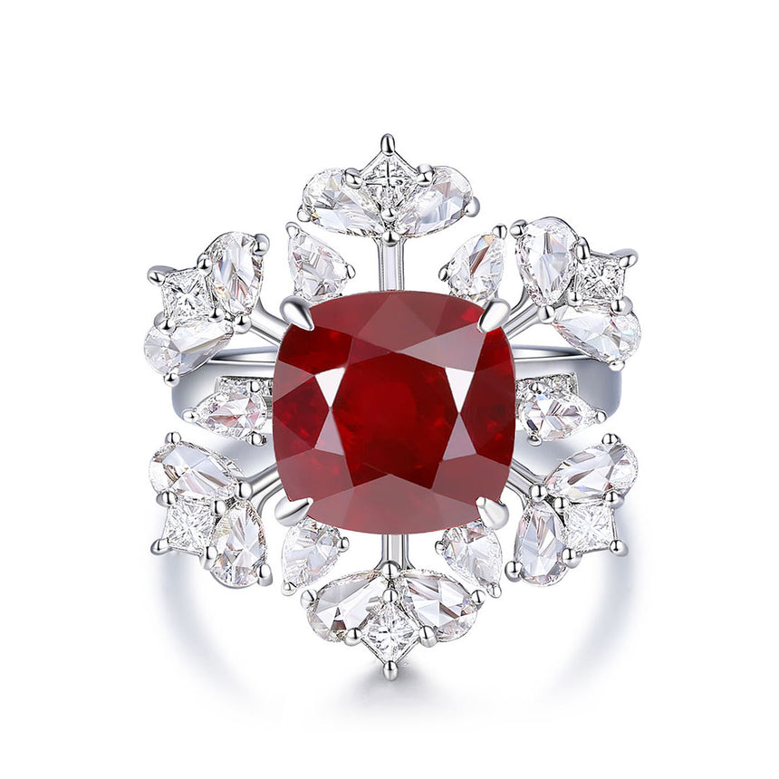 Pigeon Blood Red Ruby Cocktail Ring with Rose Cut Diamond Halo