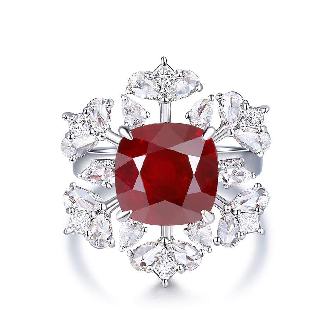  Ruby Gold Ring with 3 carat Pigeon Blood Ruby With Diamond Accents in Rose Petal Pattern | Modern Gem Jewelry | Saratti 