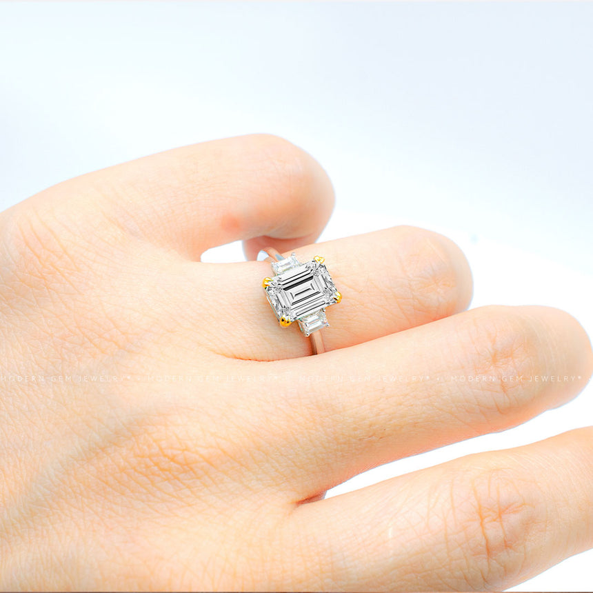 Lab-Grown Emerald Cut Diamond Three Stone Ring in 18K White Gold