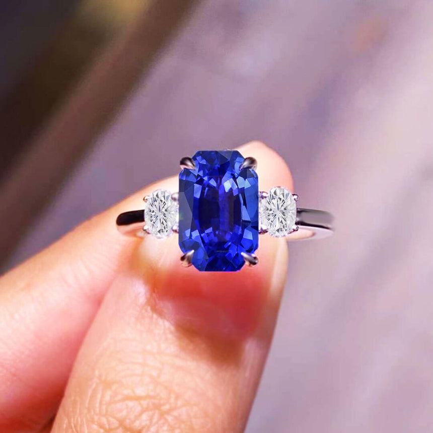 Claw Prong Three Stone Natural Sapphire and Diamond Ring
