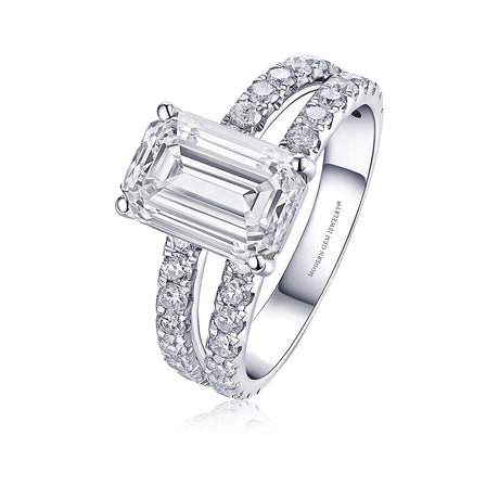 Prong Set Natural Emerald Cut Diamond Pave Engagement Ring