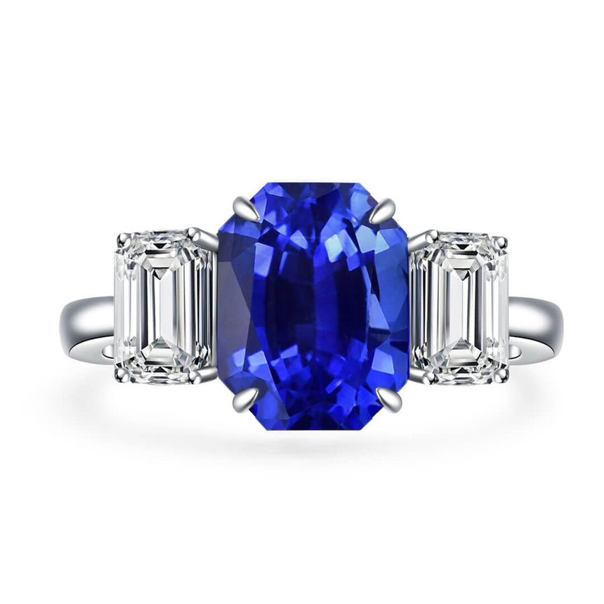 Three Stone Emerald Cut Sapphire Diamond | Ring Modern Gem Jewelry | Saratti
