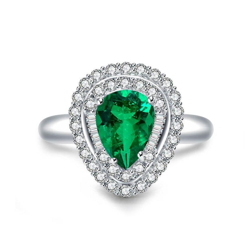 Teardrop Emerald Ring with Diamonds Double Halo in 18K White Gold | Modern Gem Jewelry | Saratti