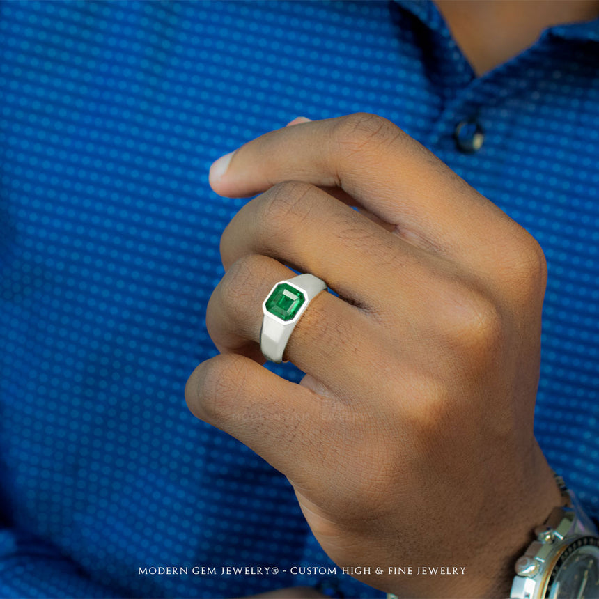 Solitaire Sleek Natural Emerald Ring For Men