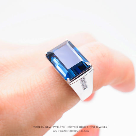 18K White Gold Natural Blue Topaz and Diamond Ring