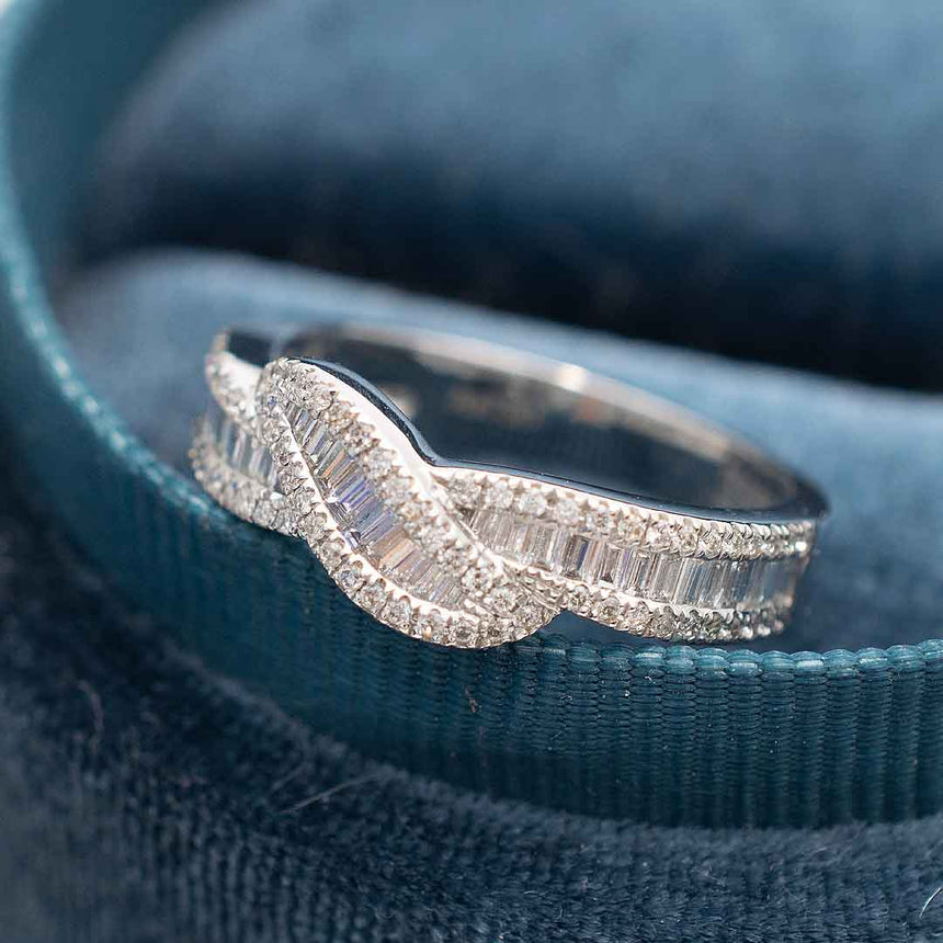 Baguette Eternity Band with Diamonds in White Gold on Turquoise Wool | Custom Made Wedding Rings | Modern Gem Jewelry | Saratti