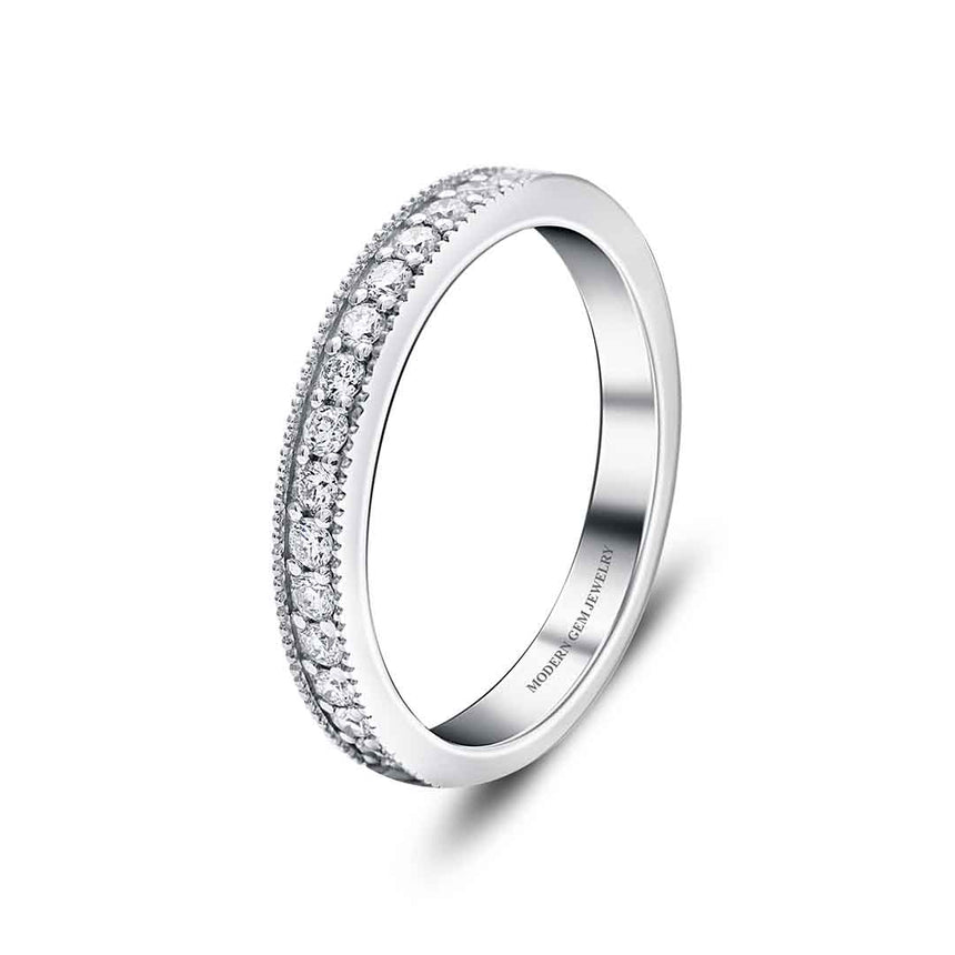 Milgrain Wedding Band with Diamonds in White Gold against a White Background | Modern Gem Jewelry | Saratti