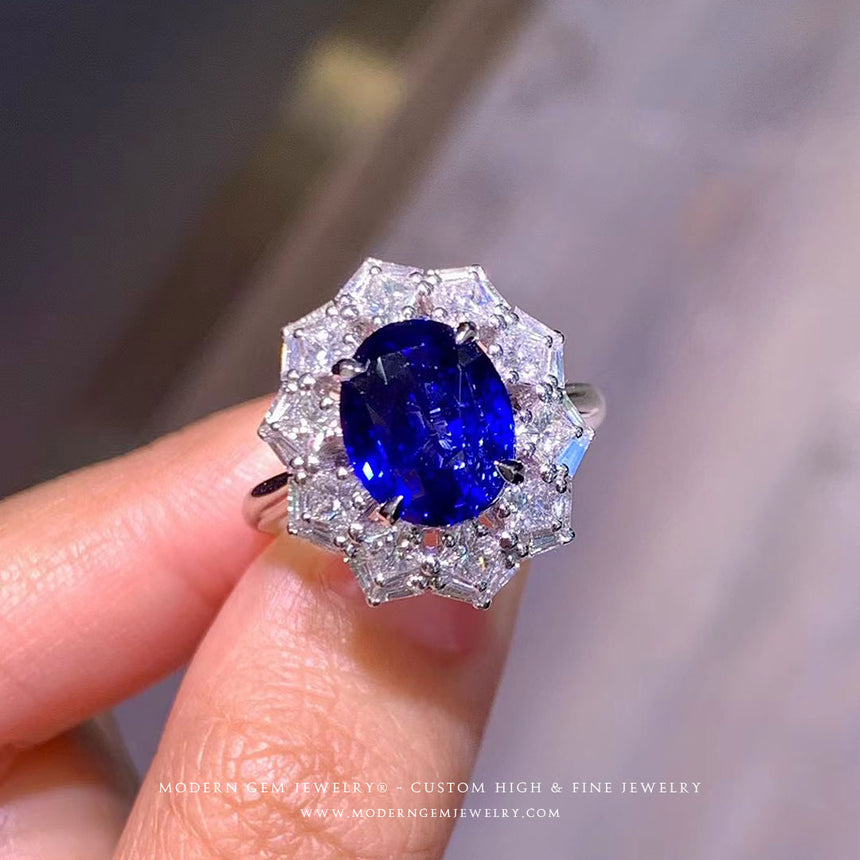 Four Prongs Accent Diamonds Natural Sapphire Ring