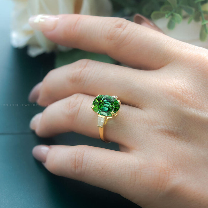 Green Tourmaline and Diamond Ring Yellow Gold | Custom Tourmaline Engagement Ring | Modern Gem Jewelry | Saratti