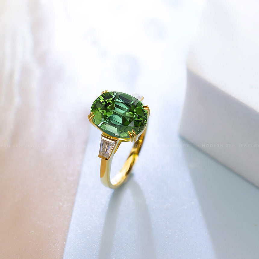 Green Tourmaline and Diamond Ring Yellow Gold | Custom Tourmaline Engagement Ring | Modern Gem Jewelry | Saratti